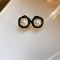 Elegant black flower stud earrings with white pearl center and golden metal rim - Pearl Black Enamel Flower Style (9#)