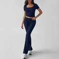 Completo donna Y2K blu scuro con top corto e pantaloni a zampa a vita alta - S / Blu Notte