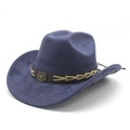 Detail of dark blue faux suede cowboy hat with vintage leather band and bull head emblem - M (56-59cm) / Navy Blue Suede