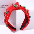 Red knotted fabric headband decorated with pearls and crystals for festive occasions - 13# Red (Christmas Red Green Beads)