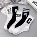 Classic black and white cotton mid-calf sports socks with stylish graffiti and letter prints - Numbered Combination Style
