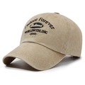 Vintage washed khaki baseball cap featuring black 3D embroidery with retro streetwear style - Adjustable / Khaki