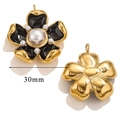 Detail of 30mm black enamel flower pendant with large faux pearl and gold backing - Black