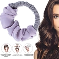 Purple satin heatless hair curler for overnight waves with illustrated usage steps - Purple Grey