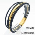 Men's multi-layer braided black leather bracelet with gold plate and magnetic clasp - Gold (KB180001-YY)