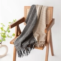Plaid cashmere scarf with houndstooth pattern and tassels in black and beige colors - Black