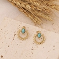 Detail of gold beaded hoop earrings featuring oval turquoise stones on a stone surface - 3# Earrings