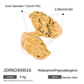 Detail view showing gold leaf ring dimensions and hypoallergenic stainless steel features - Leaf Design (JDRW2409018)