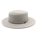 Macro detail of the gray straw sun hat with sparkling rhinestone trim and metal M buckle - M (56-58cm) / Gray