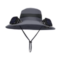 Grey solar powered double fan sun hat with wide brim and breathable mesh vents - Deep Grey (12cm Wide Brim Dual Fan Style)