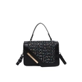 Borsa a tracolla chic da donna in pelle nera e patchwork di tweed colorato con barra dorata - Nero