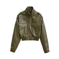 Blouson court en similicuir vert olive avec col montant et poches à rabat - XS / Vert olive
