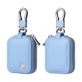 Detail of light blue grain leather earphone cases with metal zippers and carabiners - Sky Blue