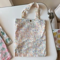 Detail of floral cotton tote bag with copper snap button and vertical handle straps - Oil Painting Pink Grey Floral(T-36)
