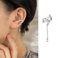 Silver branch ear cuff with sparkling zircon floral design and long tassel chain drop - Single Left Ear Leaf Tassel Ear Cuff