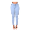 Detailweergave van lichtblauwe skinny jeans met hoge taille en ontwerp met drie knopen - S / Lichtblauw