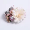 Handmade white fabric flower hair clip with purple leaves, pearl, and gold accents - Style 18 (Beige Pink Purple Grey Mix)
