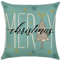 Weihnachtskissenbezug aus Leinen in Blaugrün mit Merry Christmas Aufdruck und Baum - Standardgröße (Ohne Füllung) / Weihnachtsbaum Schriftzug Stil (YD512-2)
