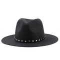 Detail of black woven fedora hat with silver studded leather band on white background - Black