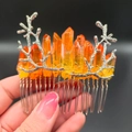 Handmade orange crystal hair comb with silver branch accents for elegant women - Orange + Branch