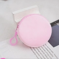 Pink plush round coin purse with a plastic hook and zipper for keys or earbuds - 8.5cm / Pink