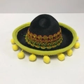 Mini black felt Mexican party hat with yellow pom-poms and colorful woven trim decoration - Black Felt-Yellow Pompoms-Woven Lace