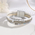 Bohemian multi-layer PU leather bracelet with silver BLESSED cross and magnetic clasp - White