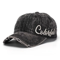 Detail of embroidered 'Colorful' text and distressed brim on grey washed denim baseball cap - Charcoal Grey(A)