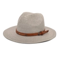 Detail of light gray straw fedora hat featuring a brown leather band and metal buckle - M (56-58cm) / Light Gray