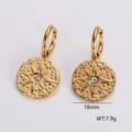 Golden hoop earrings with textured disc pendant and sparkling 8-point star charm - Eight-Pointed Star Disk Dangles (AMLEH137)