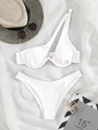 White ribbed one-shoulder bikini set with metallic ring detail and high-cut bottom - S / White