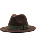Cappello fedora classico in lana marrone con nastro oliva, piuma e spilla vintage - M (56-58cm) / caffè