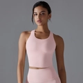 Detalle del conjunto de yoga rosa sin costuras con leggings de cintura alta y sujetador - S / Rosa intenso