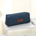 Astuccio portapenne blu scuro ad alta capacità con etichetta in pelle e zip - Blu navy