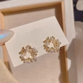 Elegant gold flower wreath earrings with white pearls and sparkling crystals - No.18 Artificial Pearl Rhinestone Wreath (XXX7105)