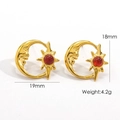 French vintage celestial earrings with 14K gold plated crescent moon and red stone - Red Agate
