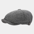 Classic herringbone newsboy hat with leather trim and vintage metal button details - One Size / Gray