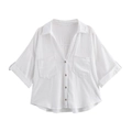 Witte damesoverhemd van katoenmix met reverskraag, borstzakken en opgerolde korte mouwen design - XS / Wit