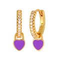 S925 silver needle gold earrings with purple heart charms and sparkling cubic zirconia - Zirconia Heart Hoop / Purple/Gold