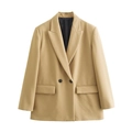 Classic khaki women's casual blazer with notched lapels and flap pockets on white background - XS / Khaki