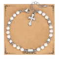 Bohemian style pearl beaded bracelet with cross pendant and silver accents on brown card - Cross Pendant (Bless Card) / With Card / Faux Pearl