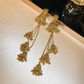 Macro shot of tiered vintage gold Jhumka earrings with intricate bell fringe detail - Steel Pin Retro Gold Round Long Tassel Earrings