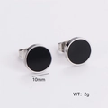 Detail view of 10mm black Roman numeral stud earrings with silver borders and 2g weight - Silver with Black Shell Inlay