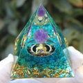 Green crystal pyramid with purple sphere, Buddha icon and gold leaf for desk decor - Purple Ball Buddha Glaze / Small