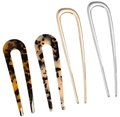 U-shaped hair pin set of 4 pieces in gold, silver, and tortoiseshell acetate finishes - 14cm + Acetate/Set of 4 / Multicolor