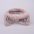 Pink plush OMG bow headband for washing face with black embroidery details - Beige Red