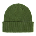 Close-up of green knit beanie showing thick ribbed texture and classic folded cuff design - Dark Army Green