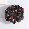 Detailed close-up of Christmas scrunchie with red and green plaid and snowflake pattern - Red Snowflake Green Plaid