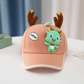 Close-up of pink cotton kids baseball cap with cute 3D dinosaur and antler details - Orange Antler Elf