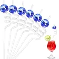 Set of 7 transparent spiral PETG straws with reflective blue disco mirror ball ornaments - Blue